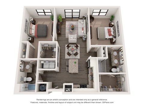Stylized 3D floor plan of 2-bed 1,102 sq ft at the augustan in augusta, ga